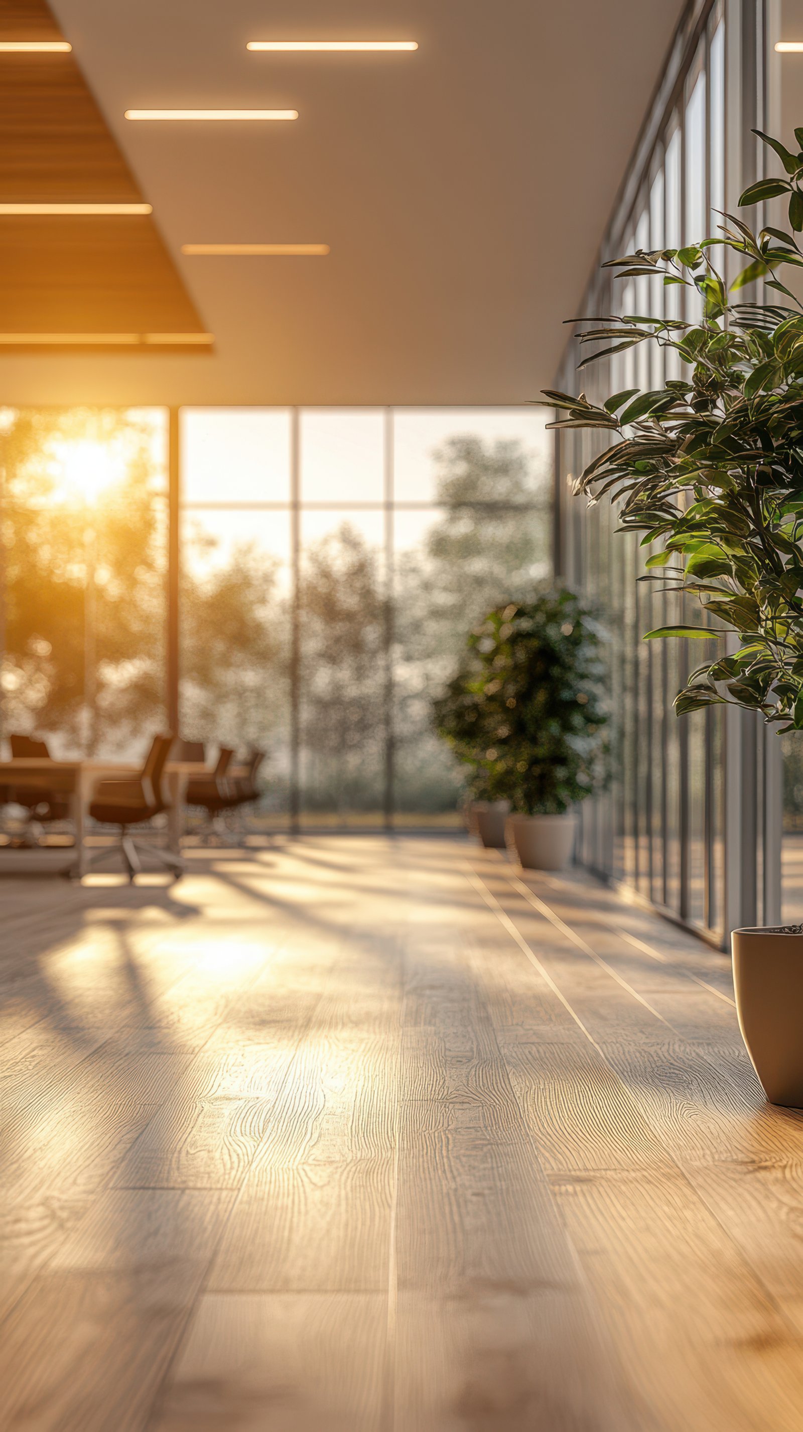 Bright and inviting modern office space with floor-to-ceiling windows during sunset